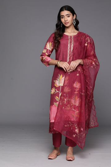 Varanga Women Pure Muslin Maroon Floral Printed Kurta With Bottom And Organza Dupatta